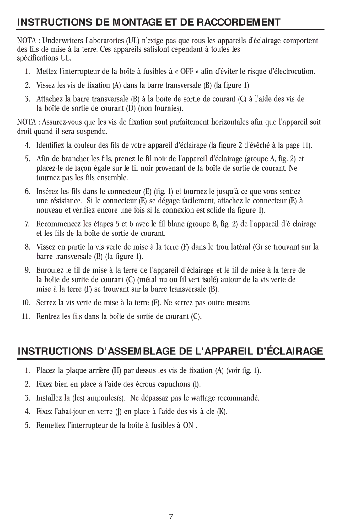 Westinghouse W-015 Instructions DE Montage ET DE Raccordement, Instructions D’ASSEMBLAGE DE Lappareil Déclairage 