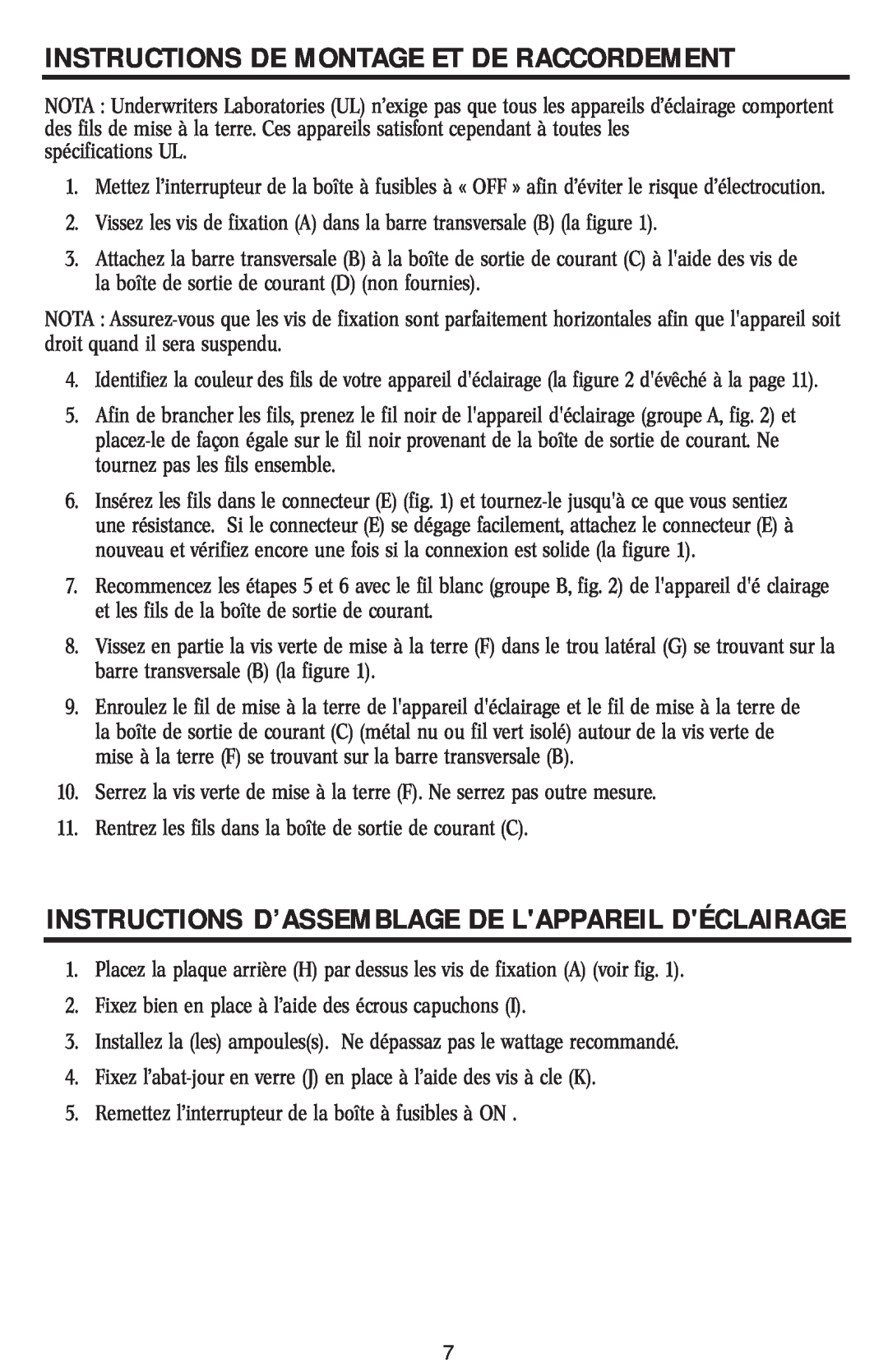 Westinghouse W-015 Instructions D’Assemblage De Lappareil Déclairage, Instructions De Montage Et De Raccordement 