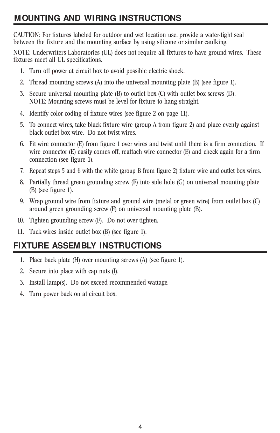 Westinghouse W-019 1/15/04 owner manual Mounting and Wiring Instructions, Fixture Assembly Instructions 