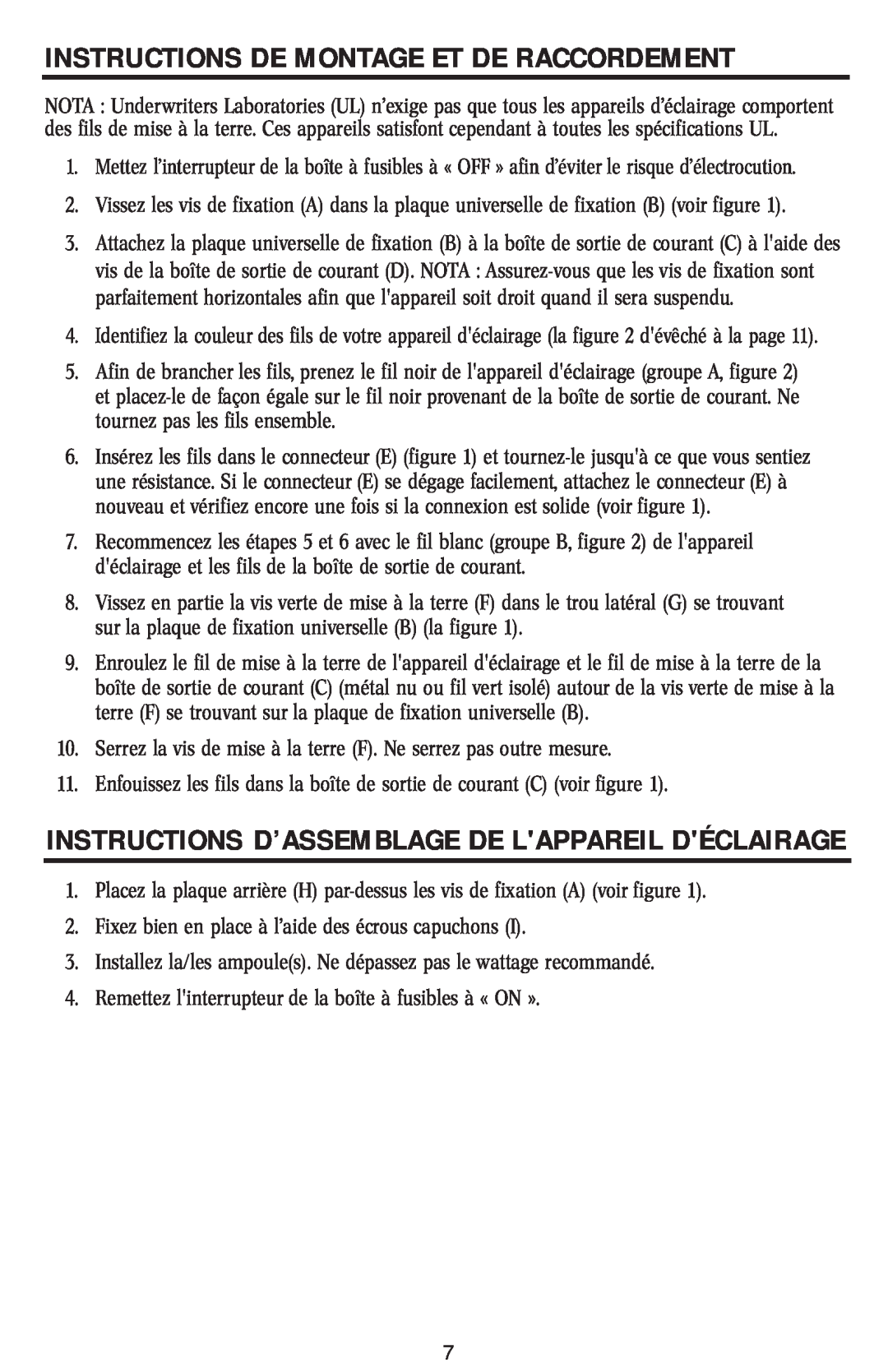 Westinghouse W-019 1/15/04 Instructions D’Assemblage De Lappareil Déclairage, Instructions De Montage Et De Raccordement 