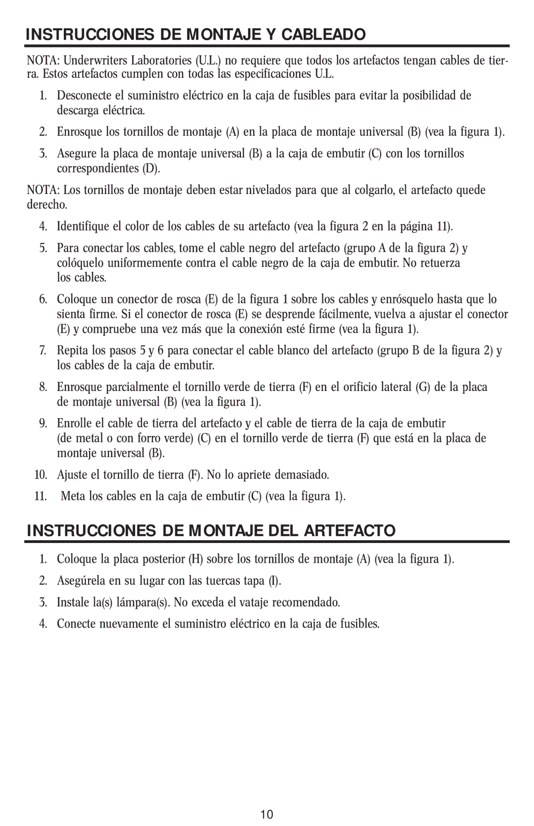 Westinghouse W-019 owner manual Instrucciones DE Montaje Y Cableado, Instrucciones DE Montaje DEL Artefacto 