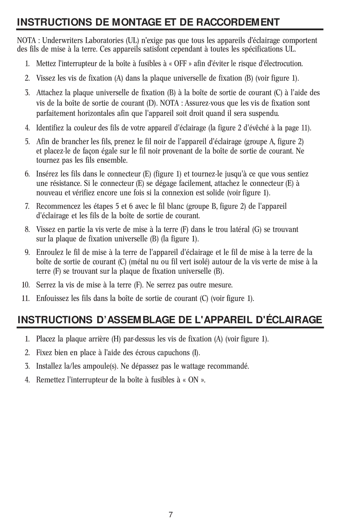 Westinghouse W-019 Instructions DE Montage ET DE Raccordement, Instructions D’ASSEMBLAGE DE Lappareil Déclairage 