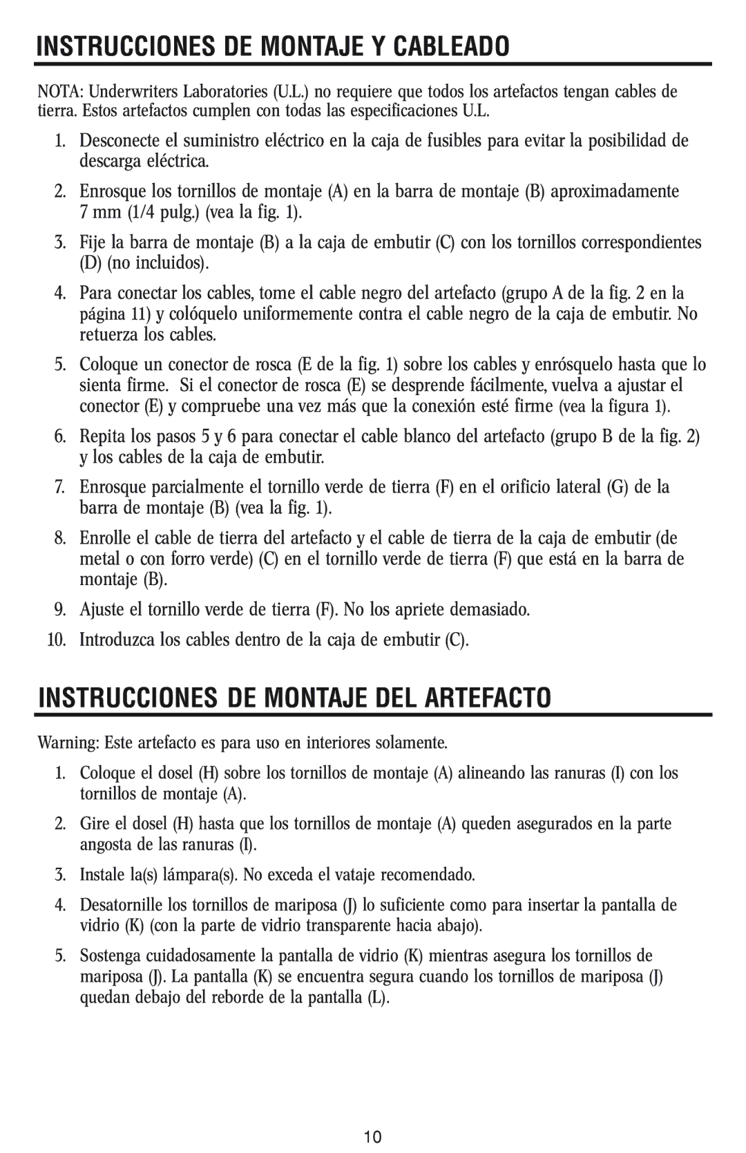 Westinghouse w-023 owner manual Instrucciones DE Montaje Y Cableado, Instrucciones DE Montaje DEL Artefacto 