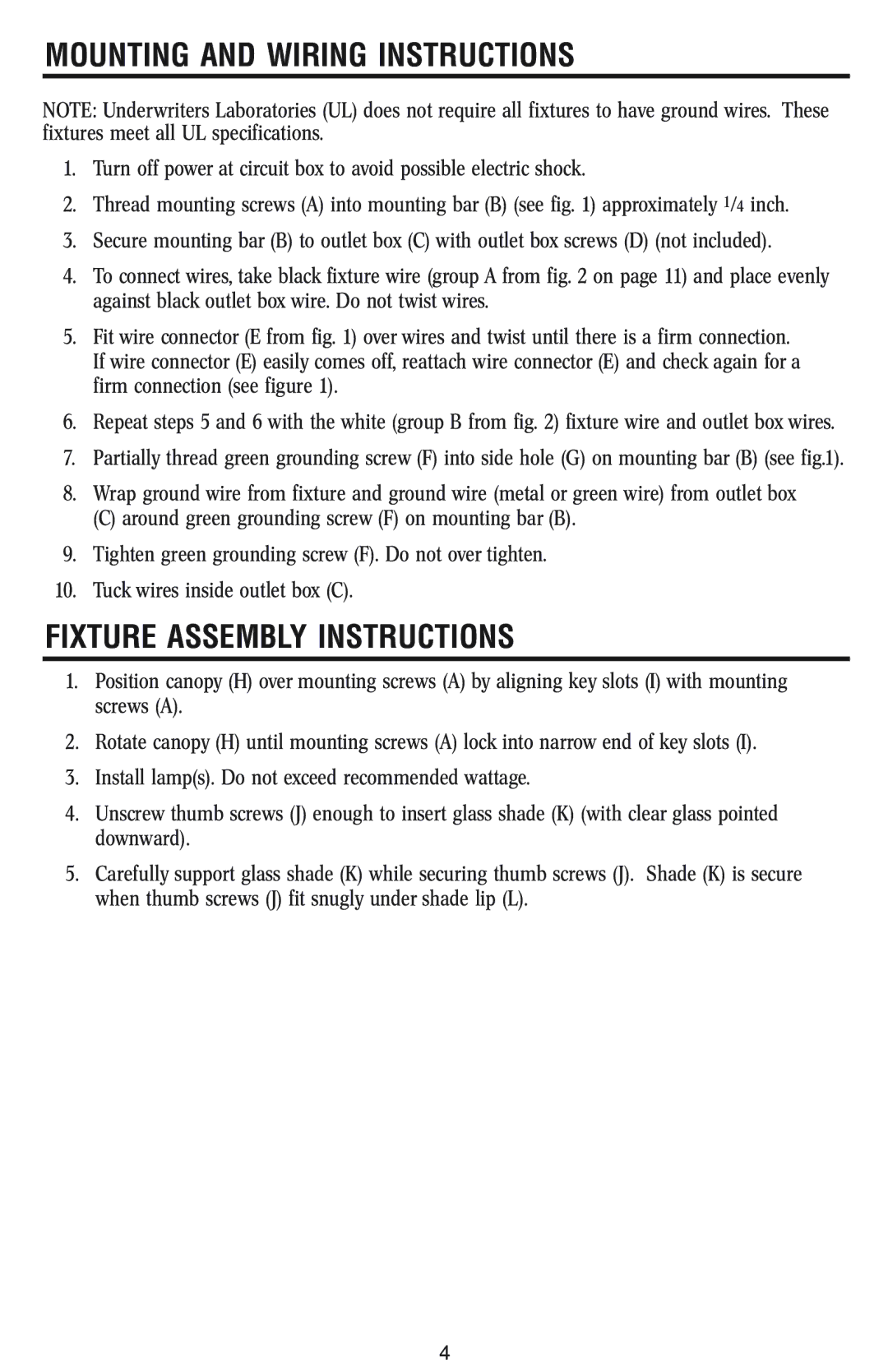 Westinghouse w-023 owner manual Mounting and Wiring Instructions, Fixture Assembly Instructions 