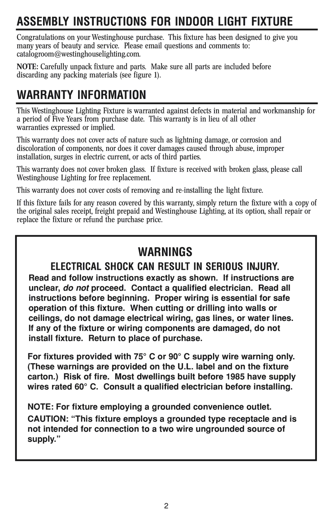 Westinghouse w-023 owner manual Warranty Information, Electrical Shock can Result in Serious Injury 