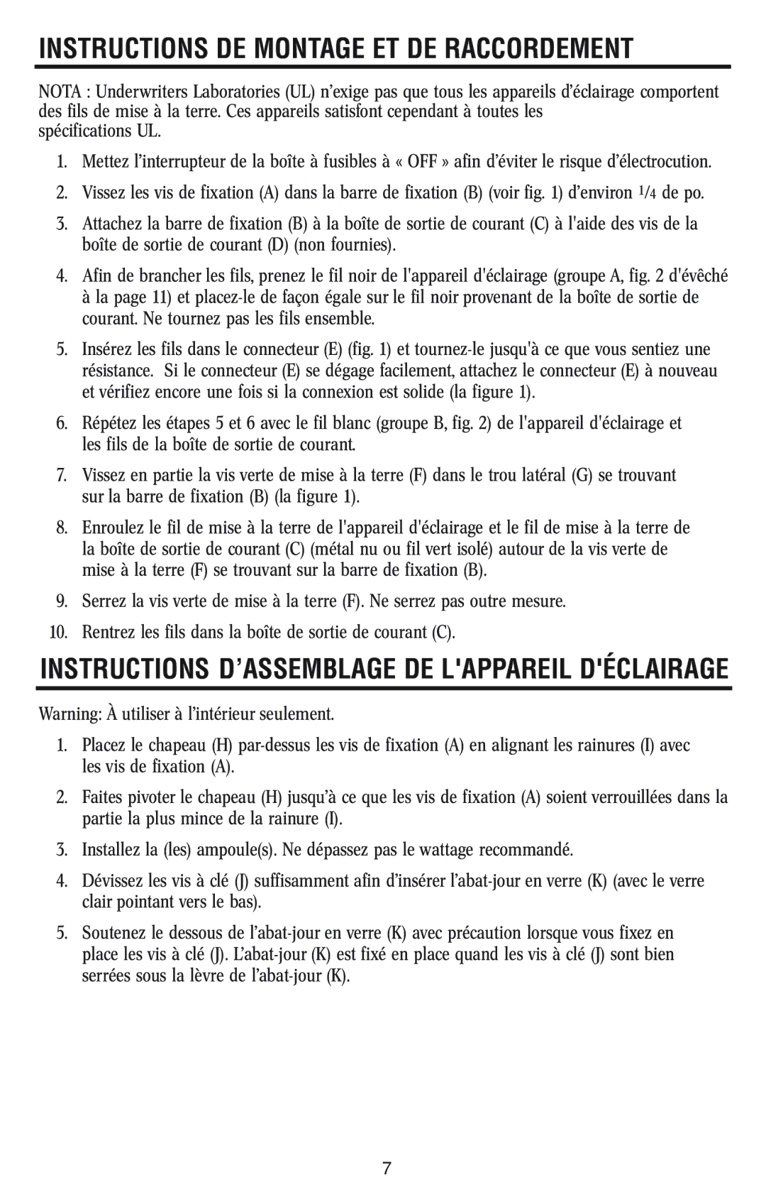 Westinghouse w-023 Instructions DE Montage ET DE Raccordement, Instructions D’ASSEMBLAGE DE Lappareil Déclairage 