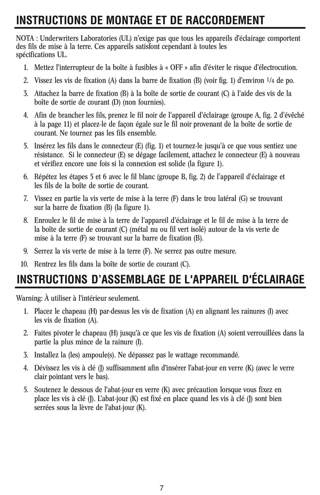Westinghouse w-023 Instructions D’Assemblage De Lappareil Déclairage, Instructions De Montage Et De Raccordement 