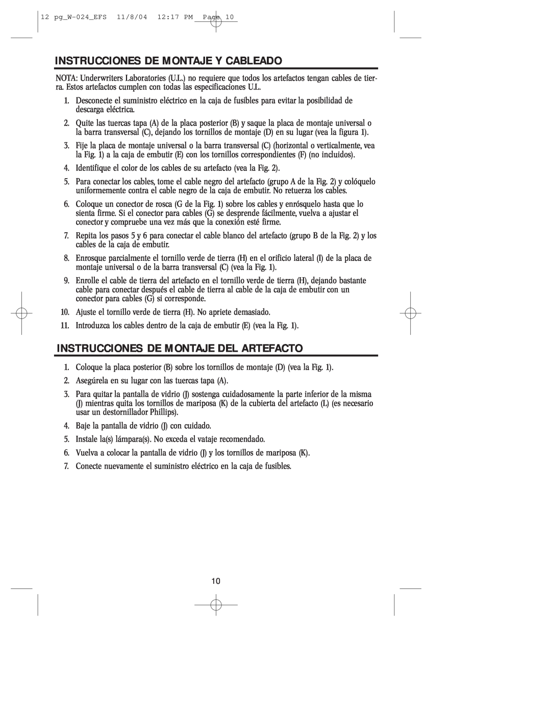 Westinghouse W-024 owner manual Instrucciones De Montaje Y Cableado, Instrucciones De Montaje Del Artefacto 