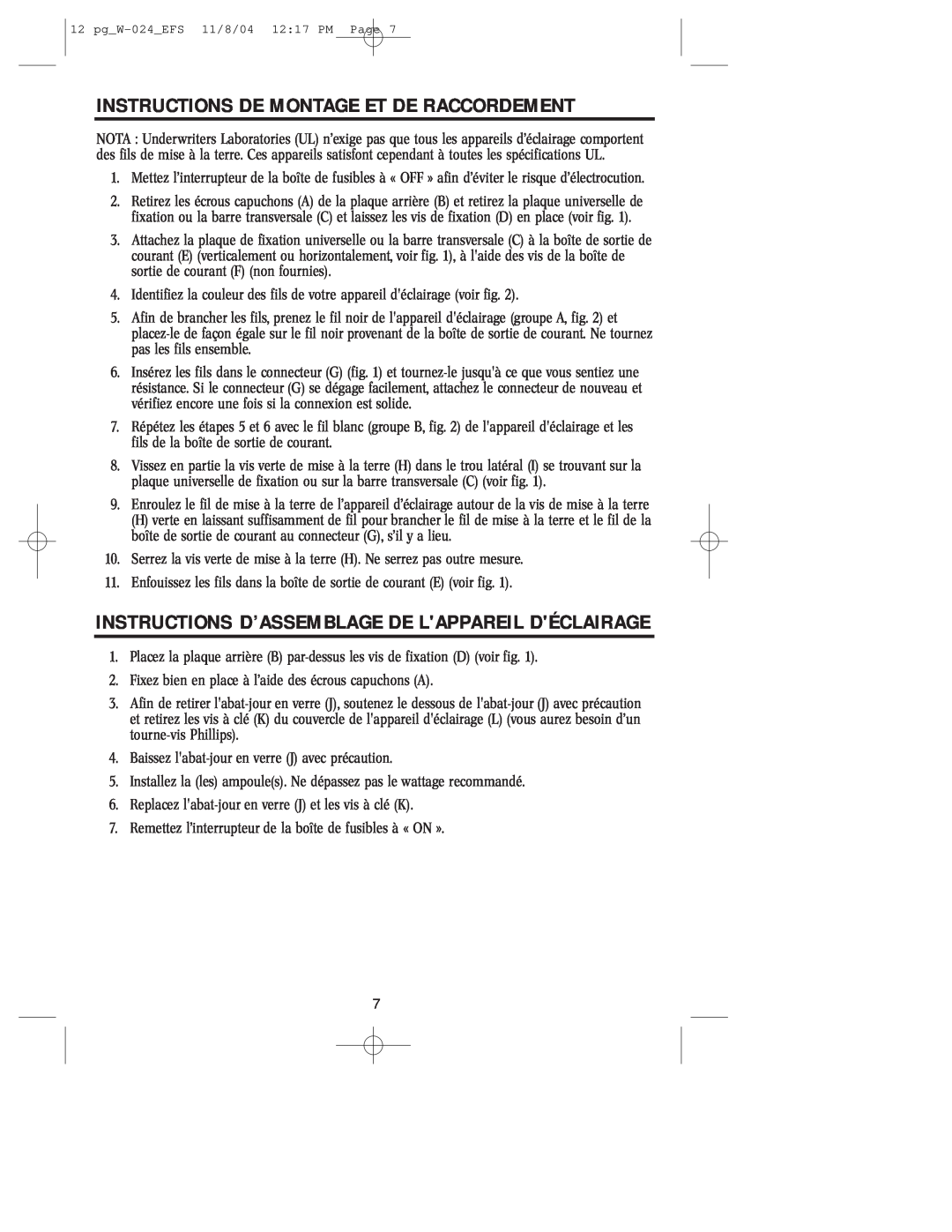 Westinghouse W-024 Instructions De Montage Et De Raccordement, Instructions D’Assemblage De Lappareil Déclairage 