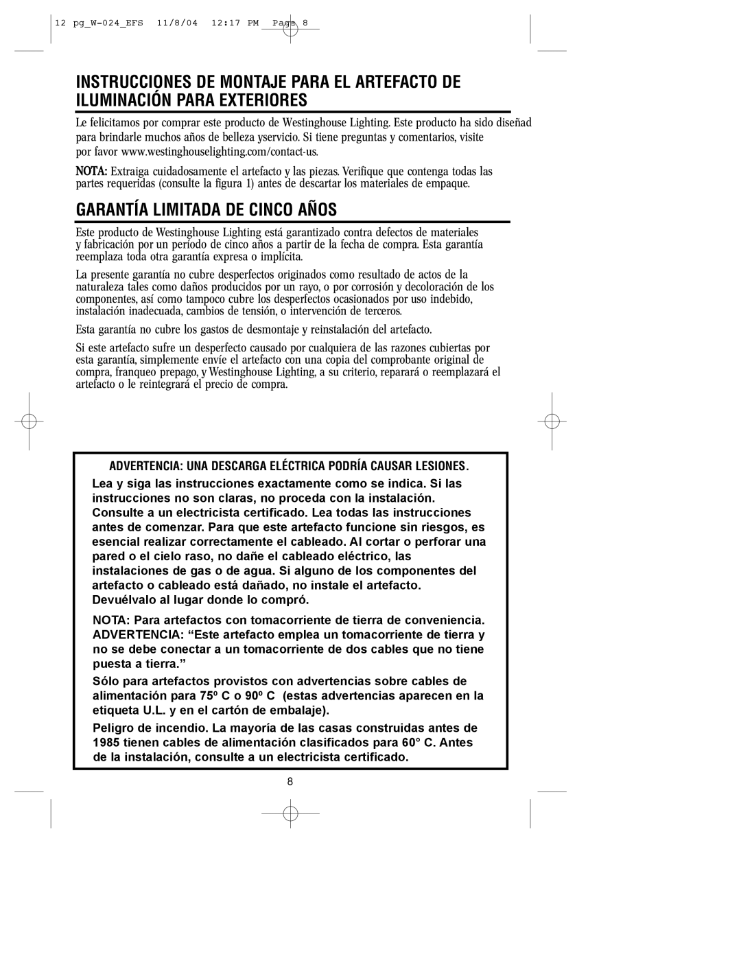 Westinghouse W-024 owner manual Garantía Limitada De Cinco Años 
