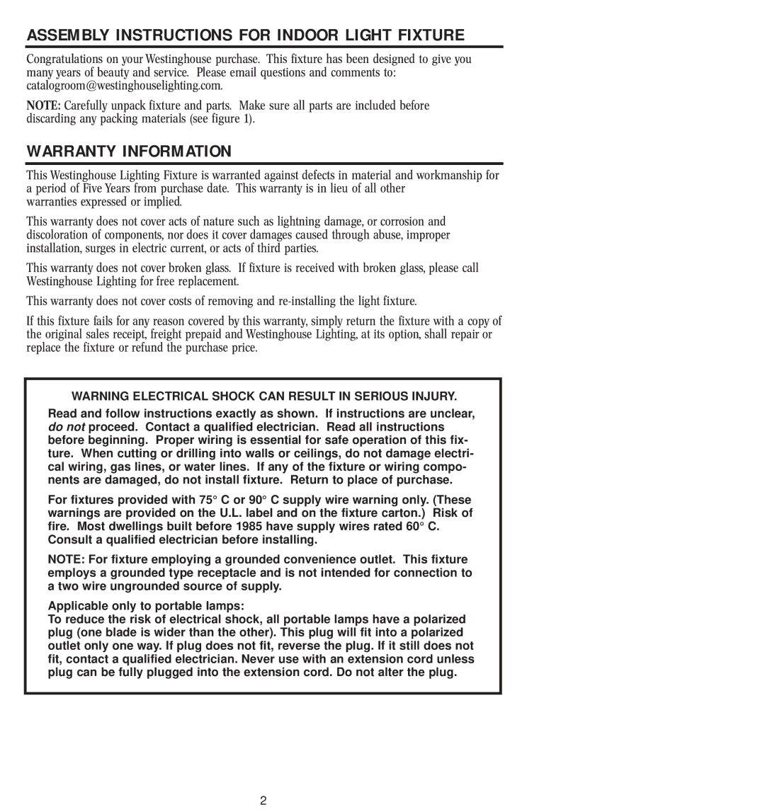 Westinghouse w-025, 082504 owner manual Warranty Information, Assembly Instructions for Indoor Light Fixture 