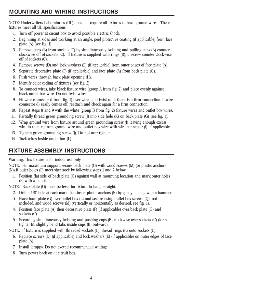 Westinghouse w-025, 082504 owner manual Mounting and Wiring Instructions, Fixture Assembly Instructions 