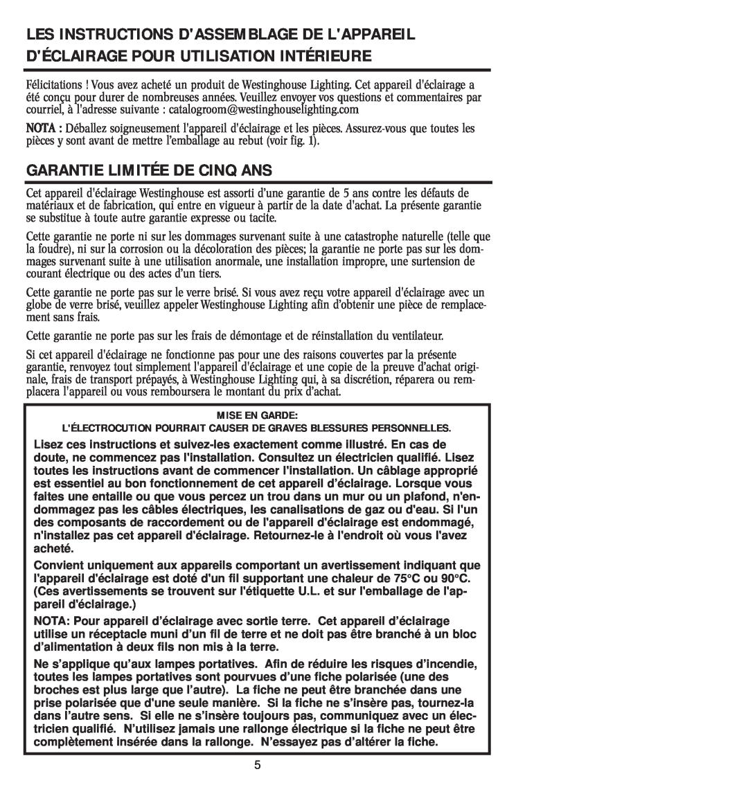 Westinghouse w-025 owner manual Garantie Limitée De Cinq Ans 