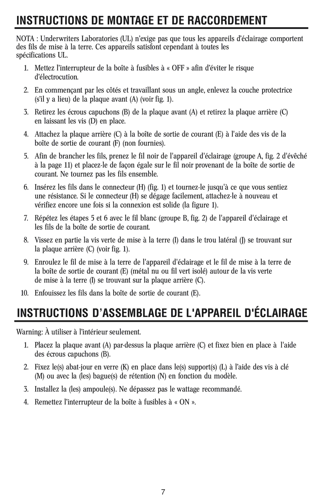 Westinghouse W-029 Instructions DE Montage ET DE Raccordement, Instructions D’ASSEMBLAGE DE Lappareil Déclairage 