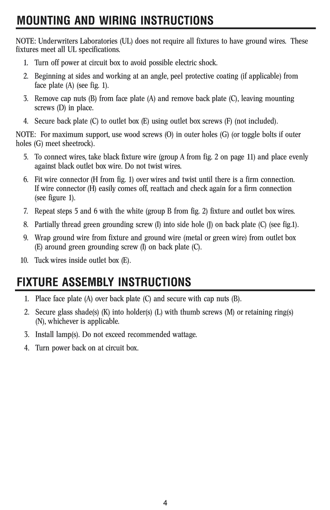 Westinghouse W-029 owner manual Mounting and Wiring Instructions, Fixture Assembly Instructions 