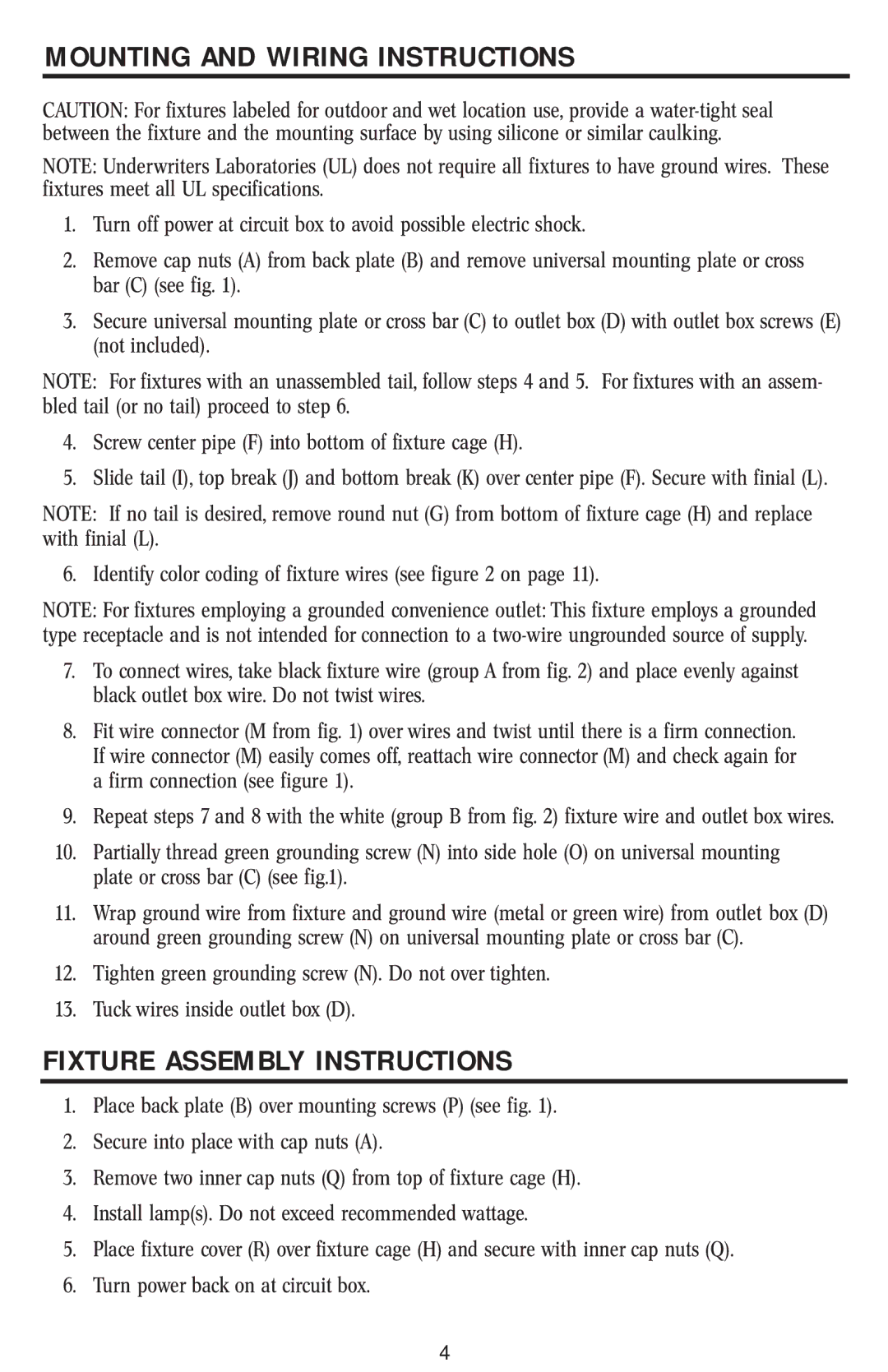 Westinghouse W-031 1/15/04 owner manual Mounting and Wiring Instructions, Fixture Assembly Instructions 