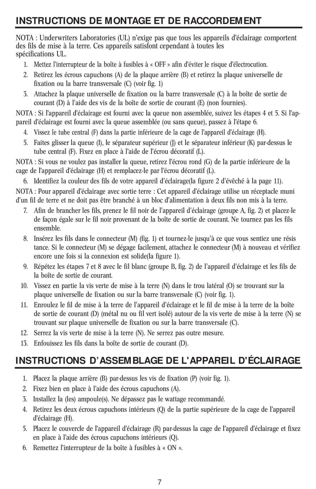 Westinghouse W-031 1/15/04 Instructions DE Montage ET DE Raccordement, Instructions D’ASSEMBLAGE DE Lappareil Déclairage 