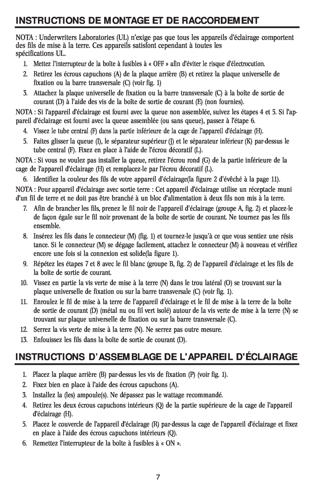 Westinghouse w-031 Instructions D’Assemblage De Lappareil Déclairage, Instructions De Montage Et De Raccordement 