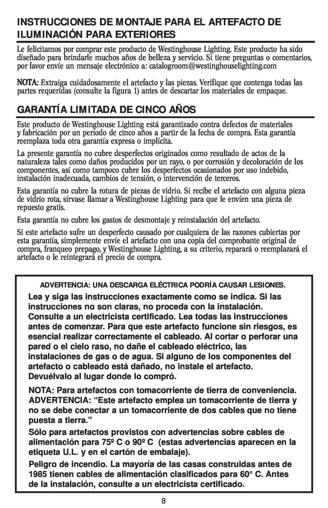 Westinghouse w-031 owner manual Garantía Limitada De Cinco Años 