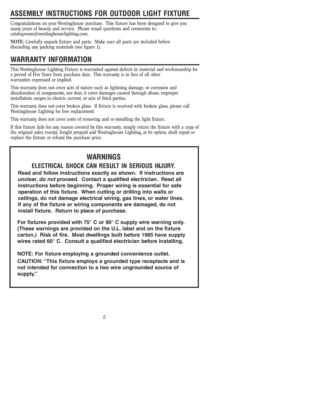 Westinghouse W-032 owner manual Warranty Information, Electrical Shock can Result in Serious Injury 