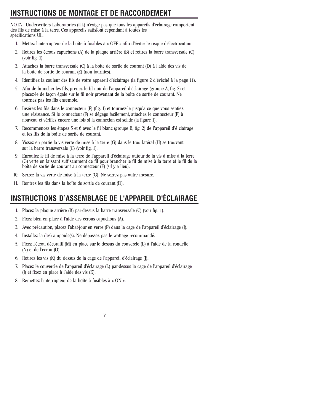 Westinghouse W-032 Instructions DE Montage ET DE Raccordement, Instructions D’ASSEMBLAGE DE Lappareil Déclairage 