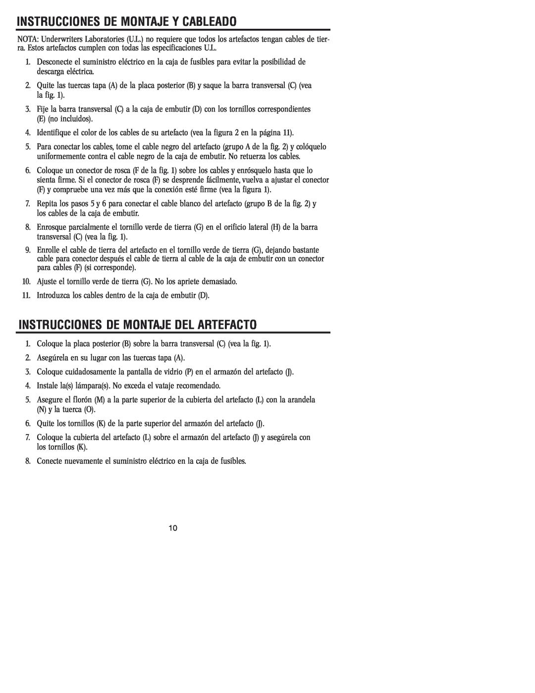 Westinghouse W-032 owner manual Instrucciones De Montaje Y Cableado, Instrucciones De Montaje Del Artefacto 