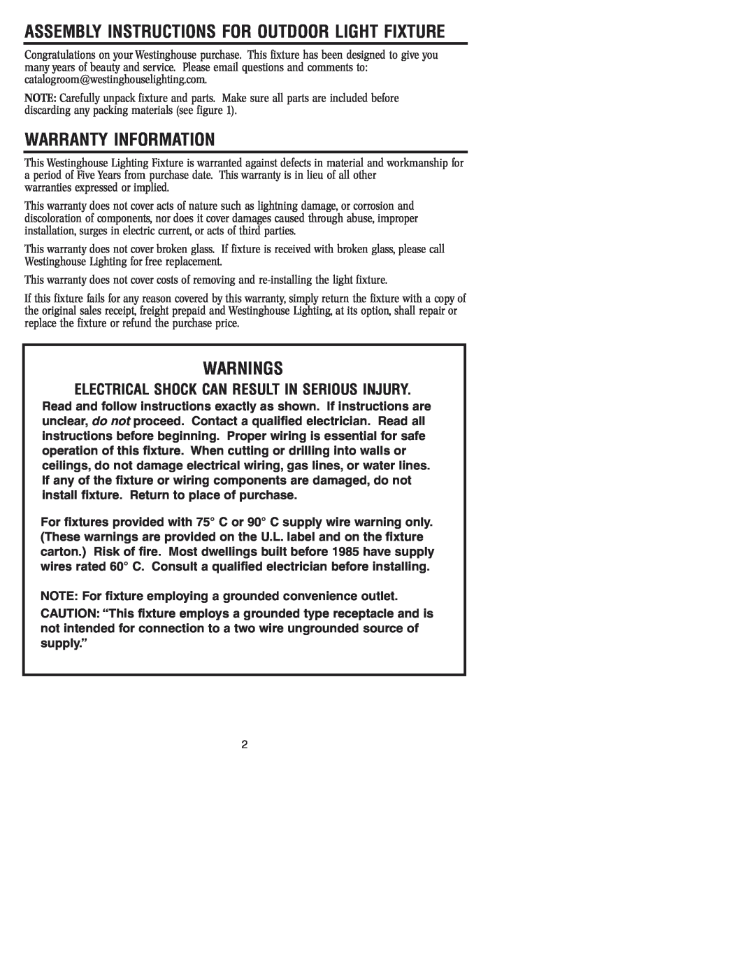 Westinghouse W-032 owner manual Warranty Information, Warnings, Assembly Instructions For Outdoor Light Fixture 