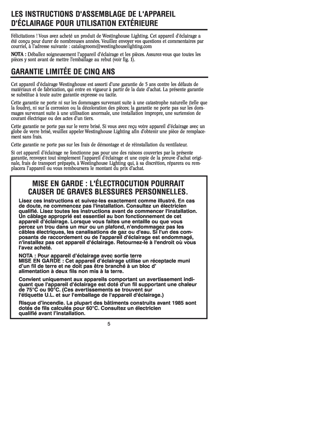 Westinghouse W-032 owner manual Garantie Limitée De Cinq Ans 