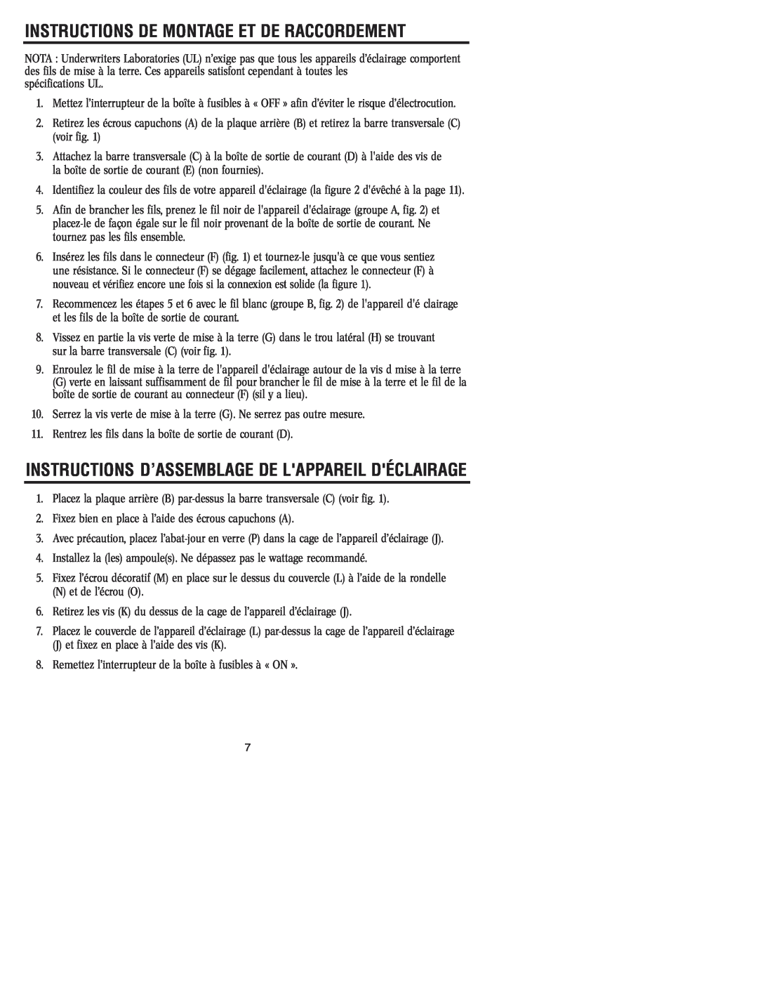 Westinghouse W-032 Instructions D’Assemblage De Lappareil Déclairage, Instructions De Montage Et De Raccordement 