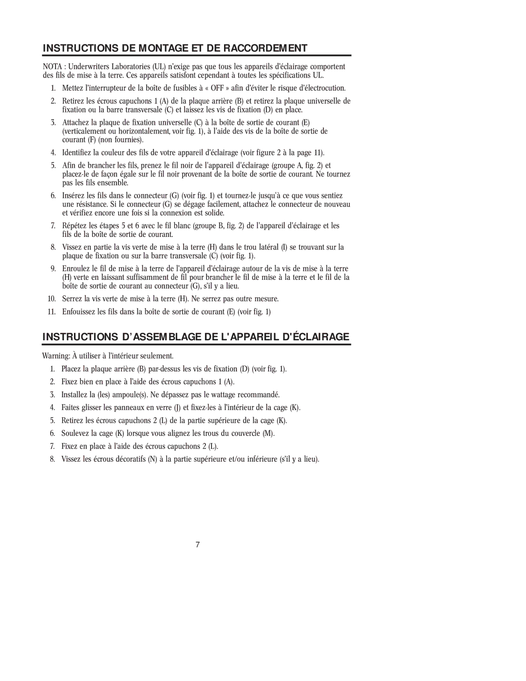 Westinghouse w-038 Instructions DE Montage ET DE Raccordement, Instructions D’ASSEMBLAGE DE Lappareil Déclairage 