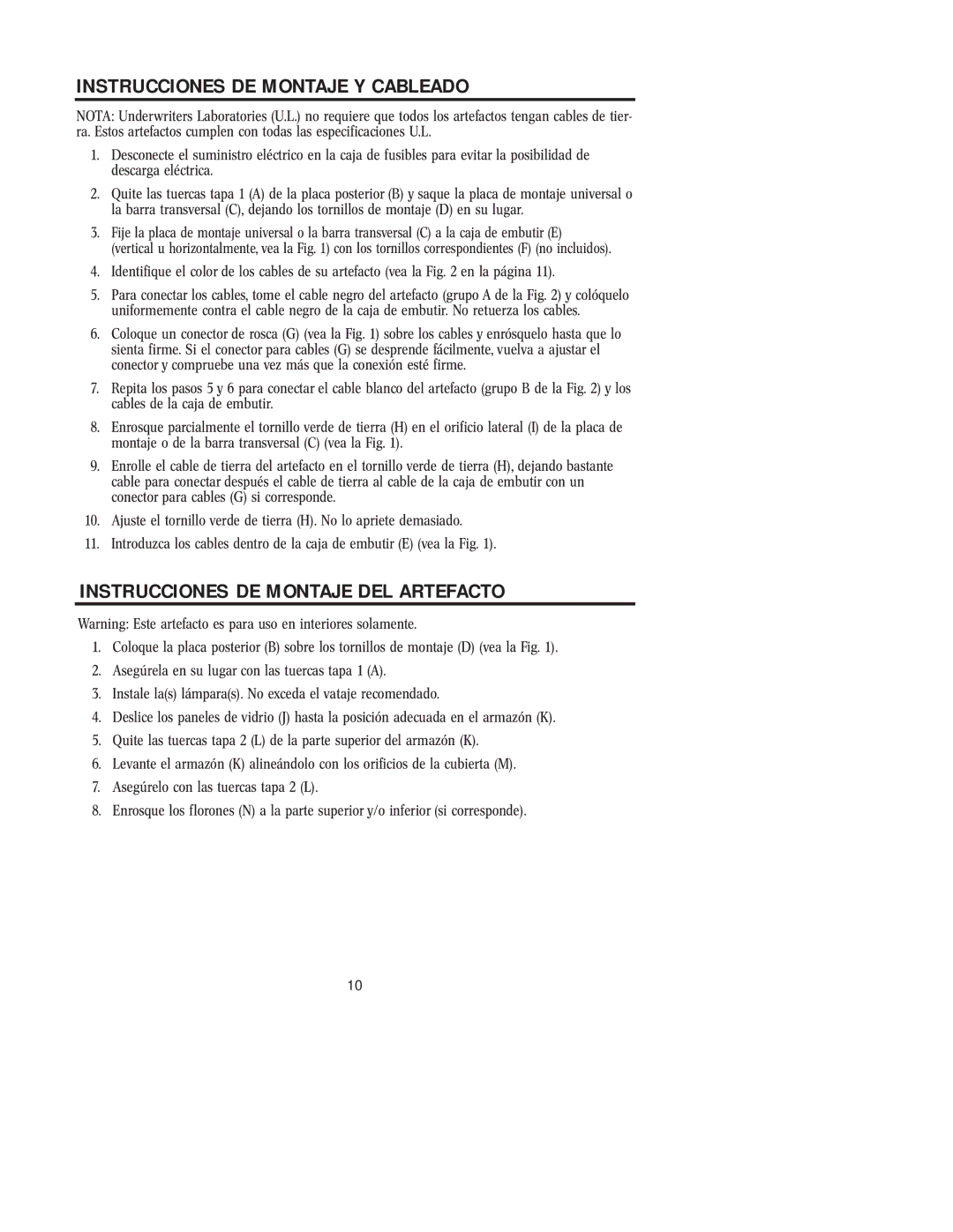 Westinghouse w-038 owner manual Instrucciones DE Montaje Y Cableado, Instrucciones DE Montaje DEL Artefacto 