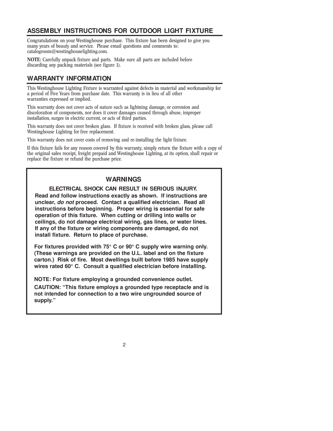 Westinghouse w-038 owner manual Warranty Information, Electrical Shock can Result in Serious Injury 