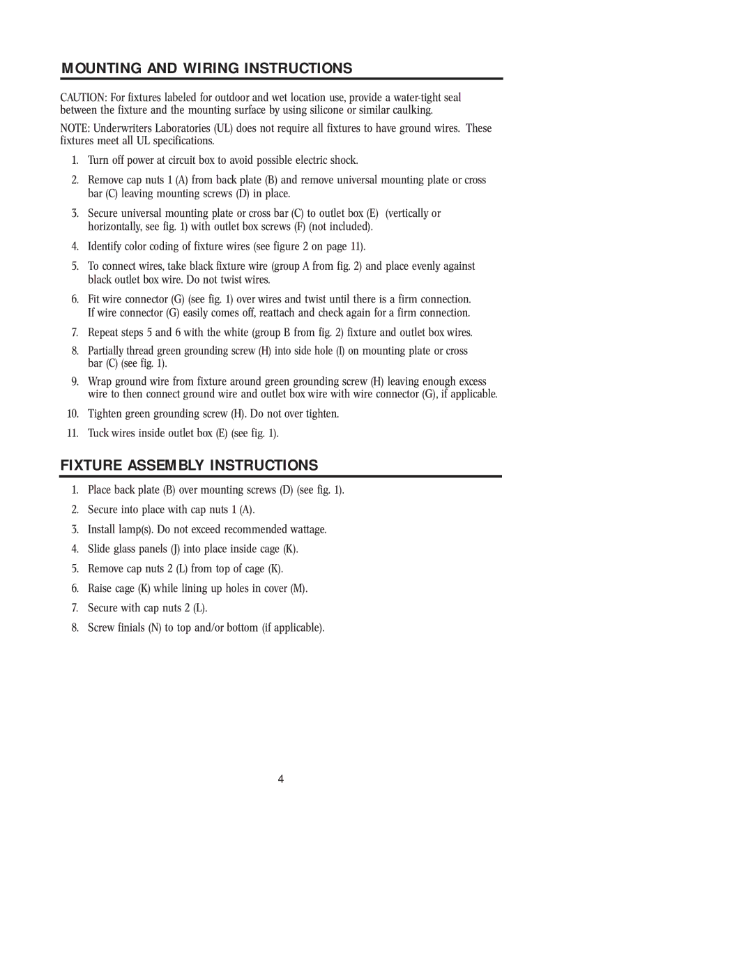 Westinghouse w-038 owner manual Mounting and Wiring Instructions, Fixture Assembly Instructions 