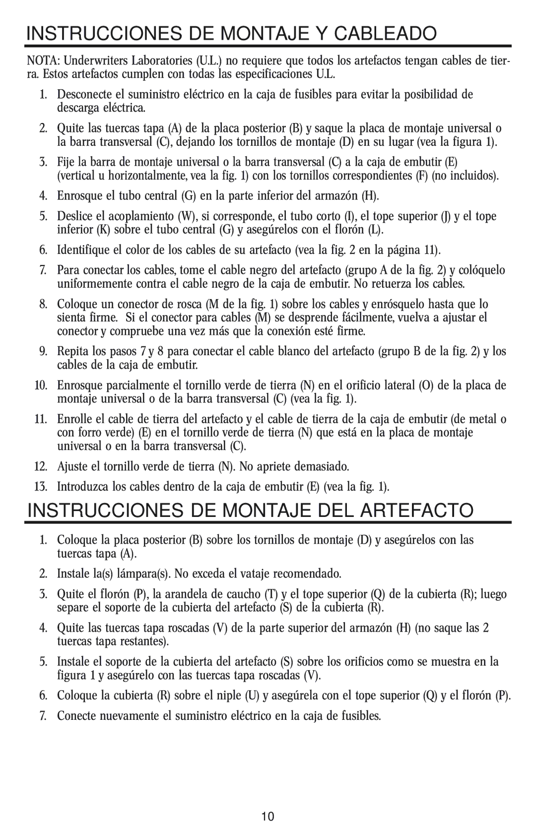 Westinghouse W-042 owner manual Instrucciones DE Montaje Y Cableado, Instrucciones DE Montaje DEL Artefacto 