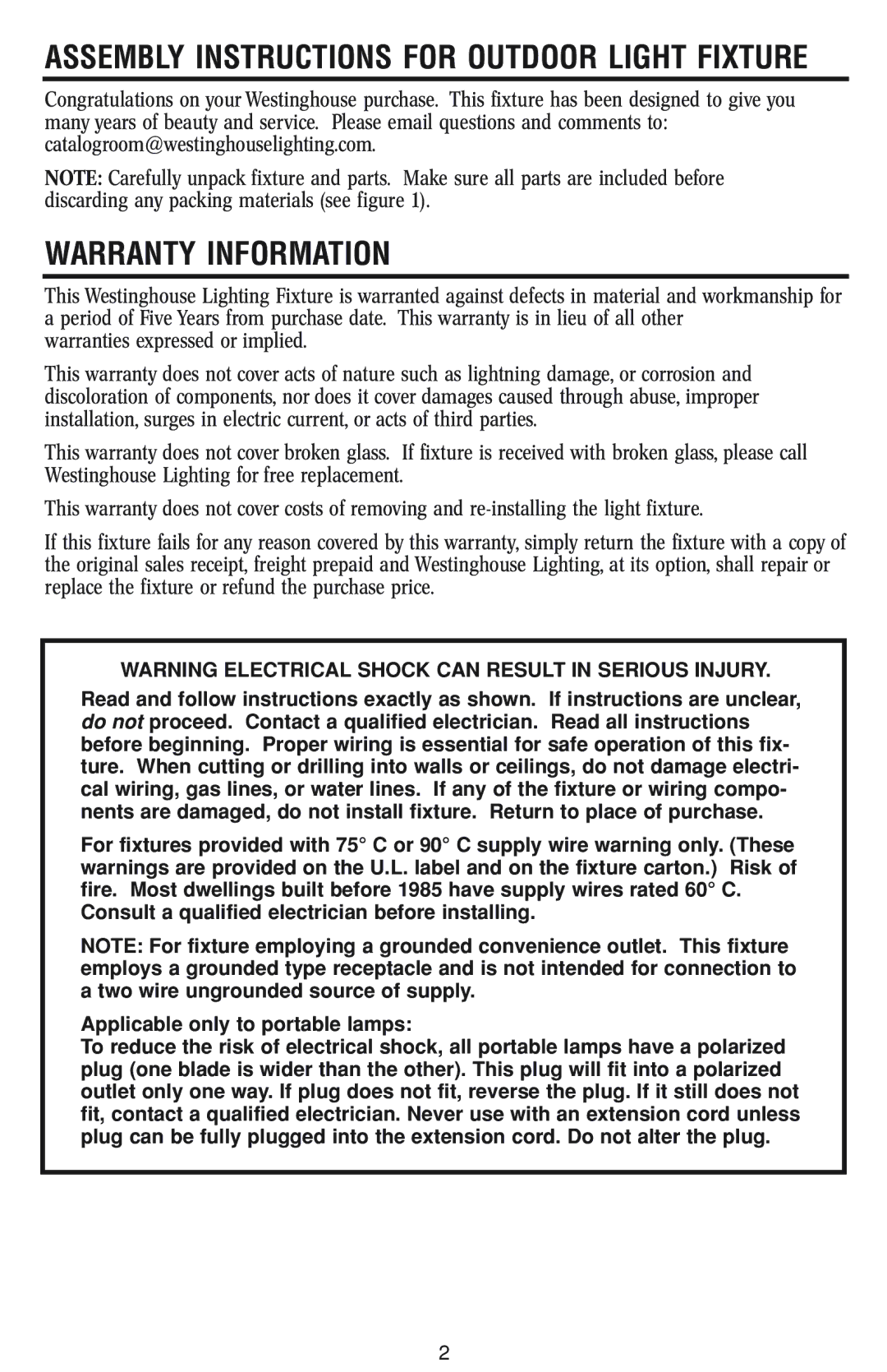 Westinghouse W-042 owner manual Warranty Information, Assembly Instructions for Outdoor Light Fixture 