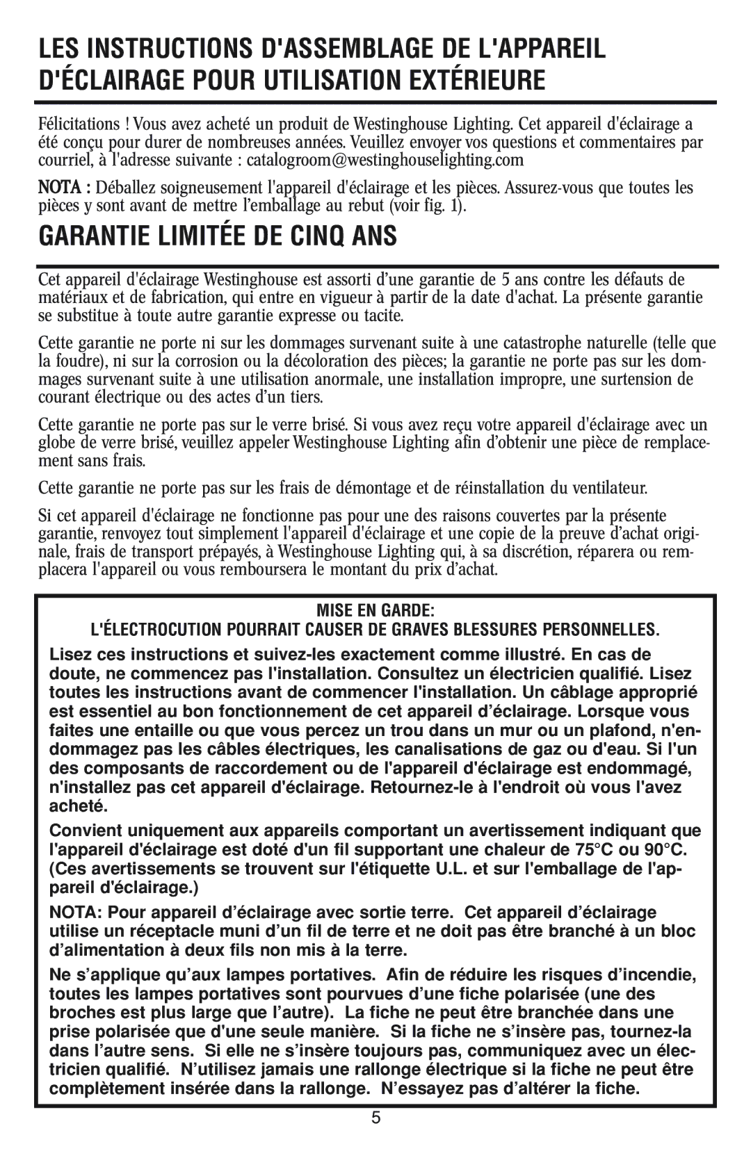 Westinghouse W-042 owner manual Garantie Limitée DE Cinq ANS 