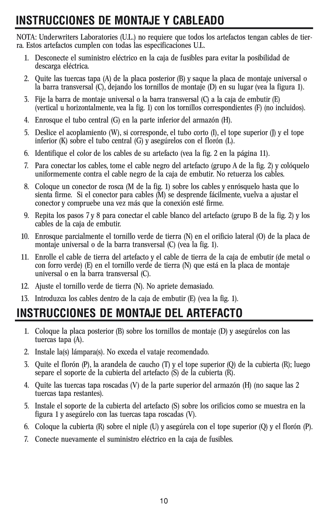 Westinghouse W-042 owner manual Instrucciones De Montaje Y Cableado, Instrucciones De Montaje Del Artefacto 