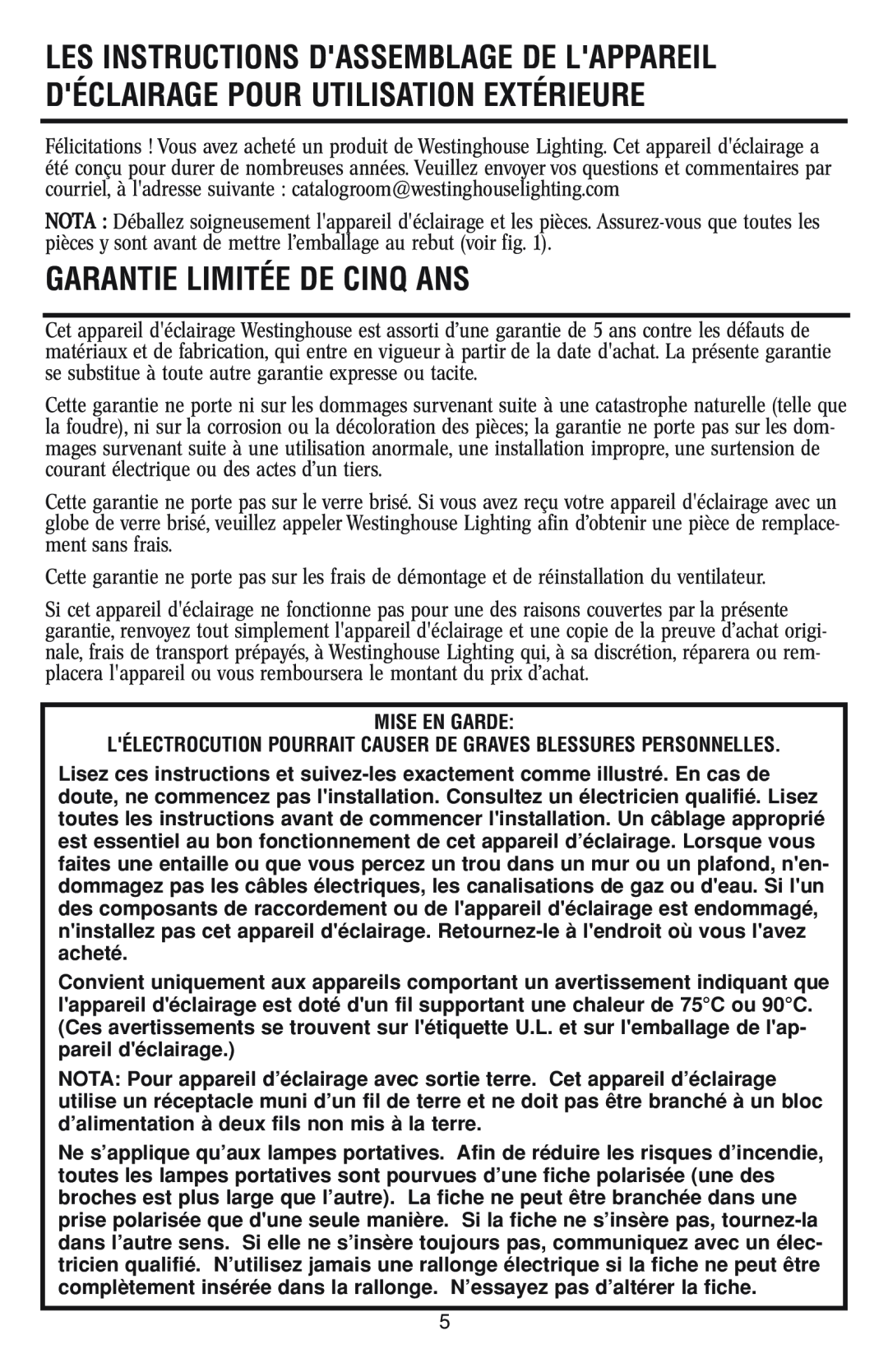 Westinghouse W-042 owner manual Garantie Limitée De Cinq Ans 
