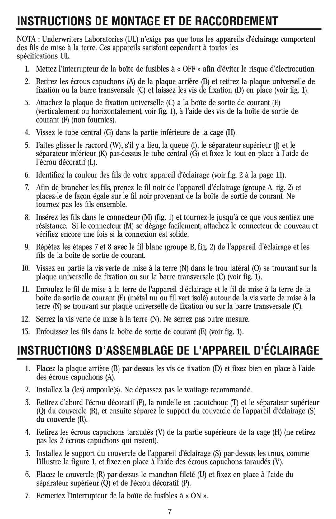 Westinghouse W-042 Instructions D’Assemblage De Lappareil Déclairage, Instructions De Montage Et De Raccordement 