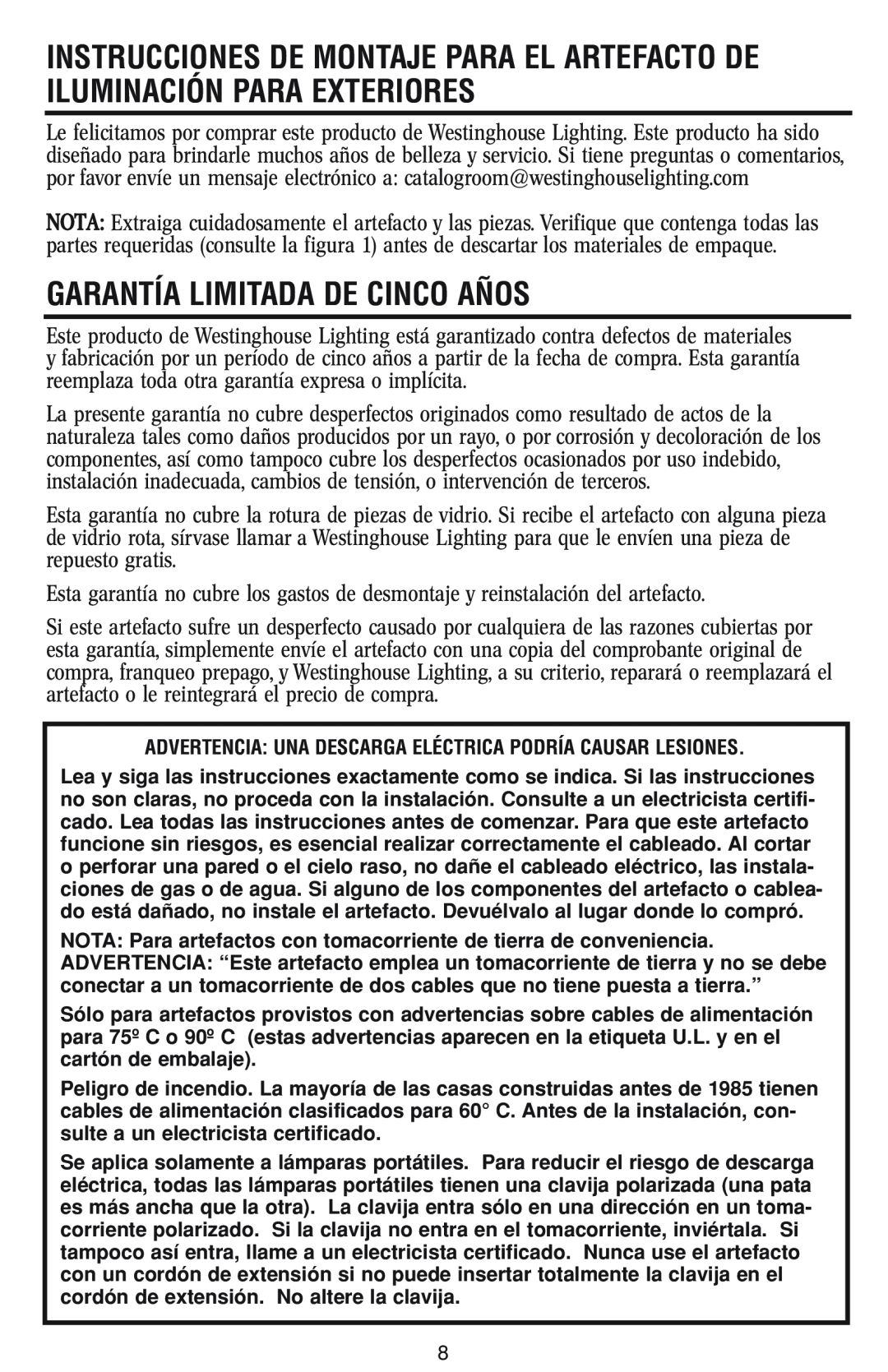 Westinghouse W-042 owner manual Garantía Limitada De Cinco Años 