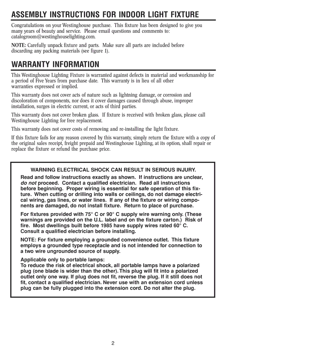 Westinghouse W-045 030404 owner manual Warranty Information, Assembly Instructions for Indoor Light Fixture 