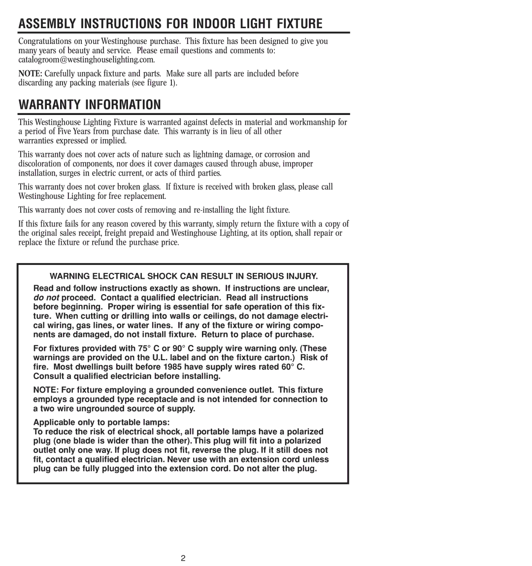 Westinghouse W-045 owner manual Warranty Information, Assembly Instructions for Indoor Light Fixture 