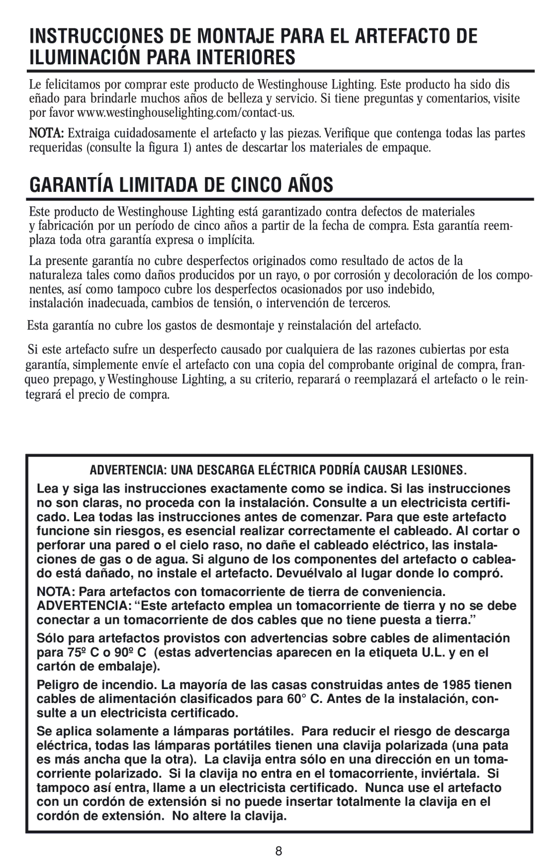 Westinghouse W-045 owner manual Garantía Limitada DE Cinco Años 