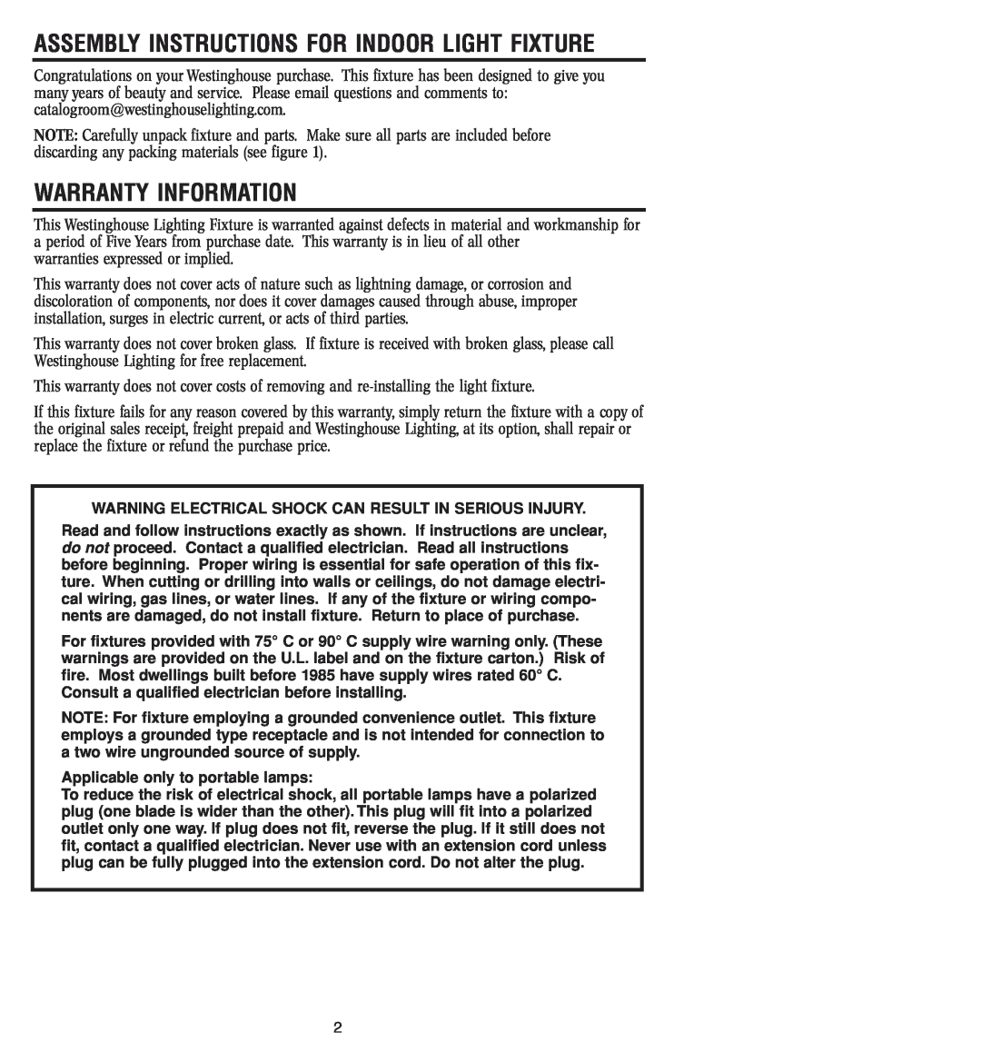 Westinghouse W-045 owner manual Warranty Information, Assembly Instructions For Indoor Light Fixture 