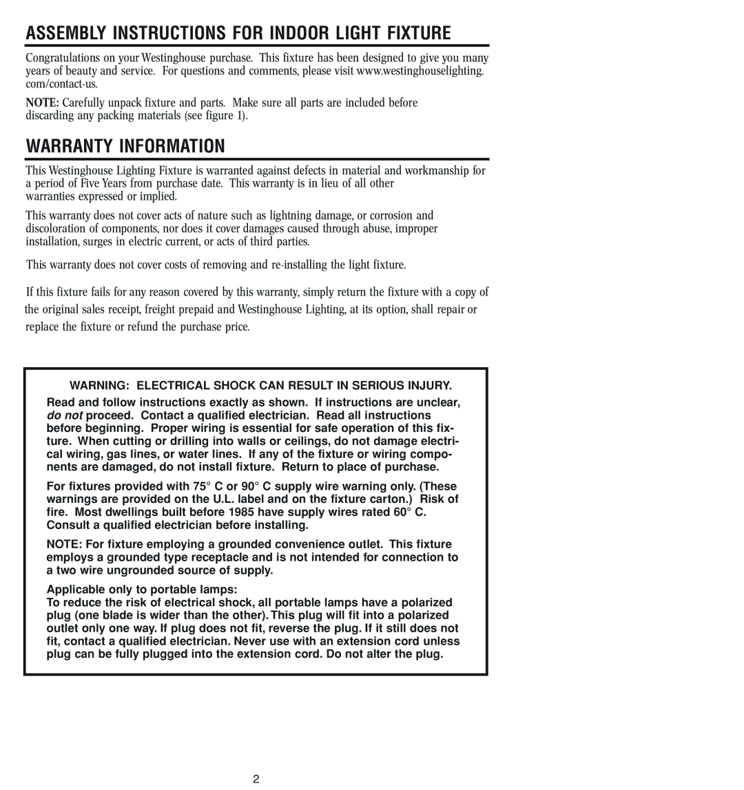 Westinghouse W-045 owner manual Warranty Information, Assembly Instructions For Indoor Light Fixture 