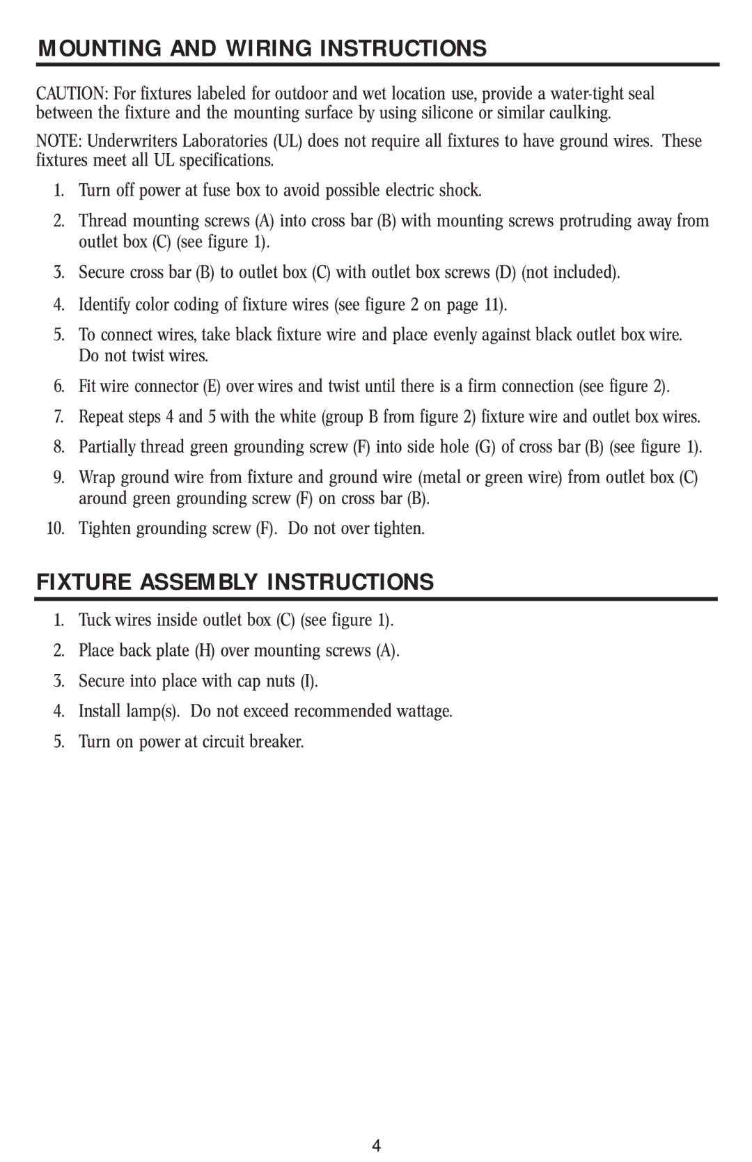 Westinghouse w-047 owner manual Mounting and Wiring Instructions, Fixture Assembly Instructions 