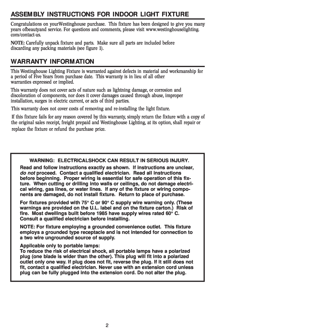 Westinghouse W-048, 60612 owner manual Warranty Information, Assembly Instructions For Indoor Light Fixture 