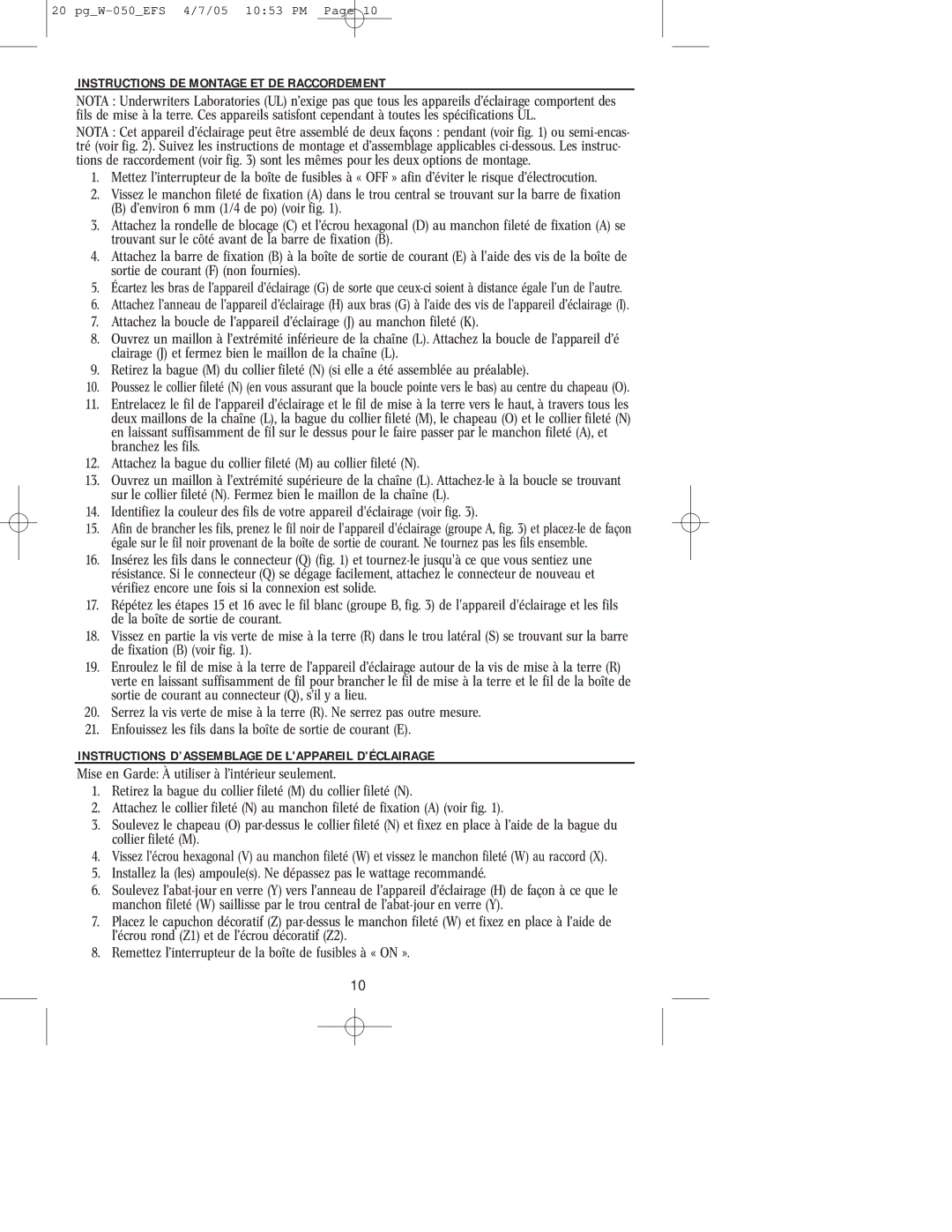 Westinghouse W-050 Instructions DE Montage ET DE Raccordement, Instructions D’ASSEMBLAGE DE Lappareil Déclairage 