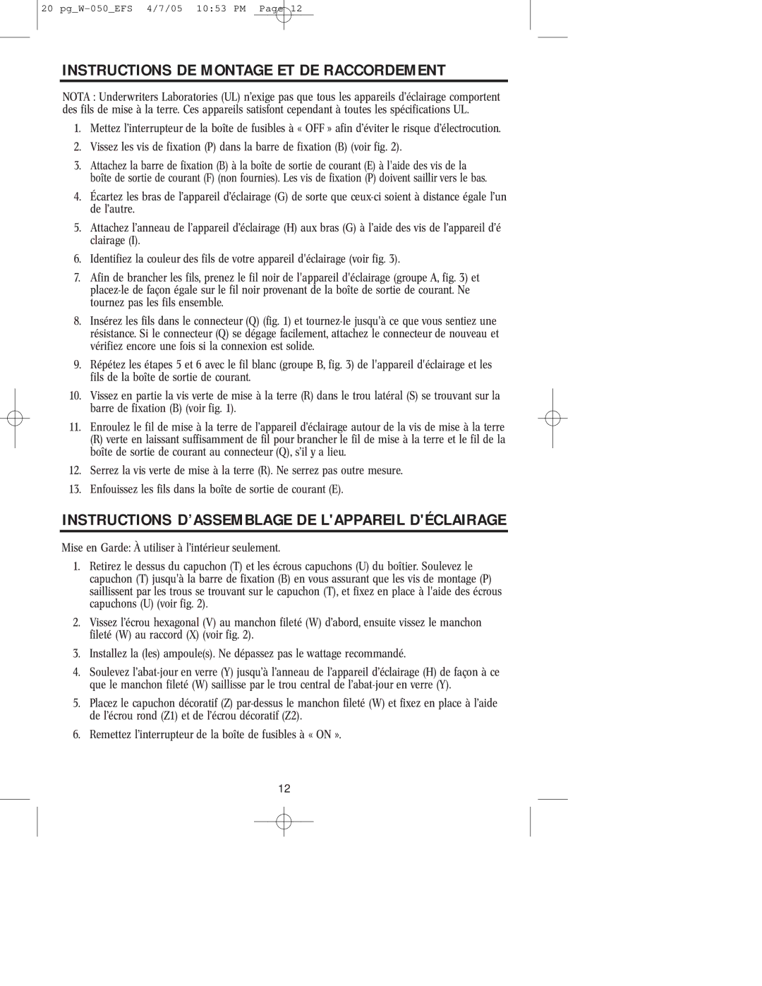 Westinghouse W-050 Instructions DE Montage ET DE Raccordement, Instructions D’ASSEMBLAGE DE Lappareil Déclairage 