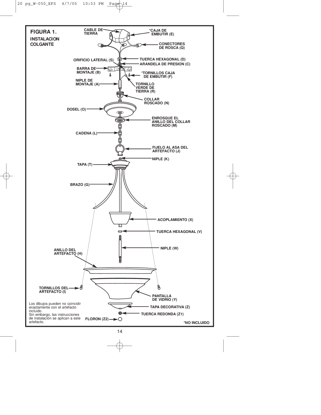 Westinghouse W-050 owner manual Figura, Instalacion Colgante 